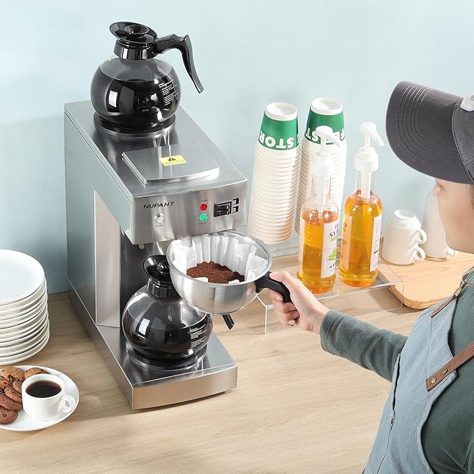 12-Cup Commercial Coffee Maker with Water Line 1.8L Auto-Filling Drip Coffee Maker Machine with 2 Glass Carafes and 2 Warmers Stainless Steel Pour over Coffee Brewer for Restaurant Office cafe