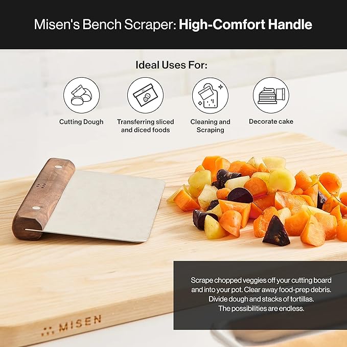 Misen Stainless Steel Bench Scraper - Versatile Food Scraper with Walnut Handle - Ideal for Kitchen, Pastry & Dough - Durable Cutting Board Scraper Tool - Effortless Transfer into Pots & Pans -Walnut