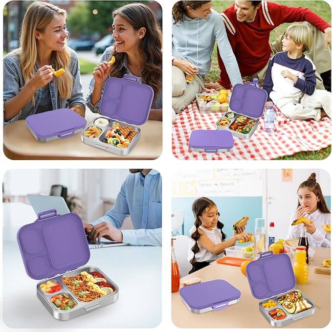 Stainless Steel Bento Lunch Box for Kids | 3-Compartment Lunch Box Container Kids | 100% Leakproof, Dishwasher-Safe, Eco-Friendly, Perfect Portion Control for Kids&Adult Healthy Meals (Purple)