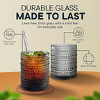 12 OZ Hobnail Drinking Set of 12 – Vintage Embossed Glassware, Textured Tumblers for Water, Beer, Cocktails, Mocktails, Whiskey & More – Includes Straws and Coasters – Smokey Gray