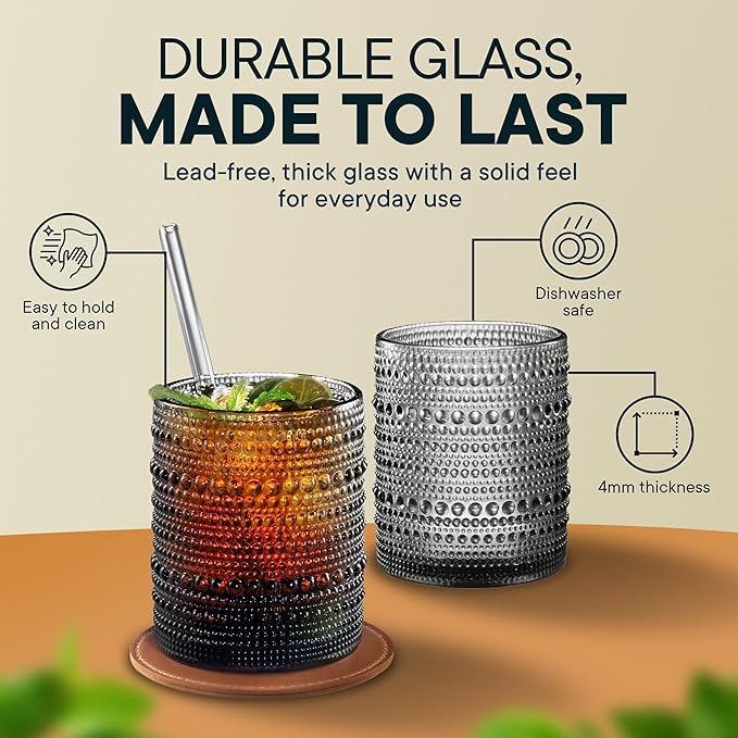 12 OZ Hobnail Drinking Set of 12 – Vintage Embossed Glassware, Textured Tumblers for Water, Beer, Cocktails, Mocktails, Whiskey & More – Includes Straws and Coasters – Smokey Gray