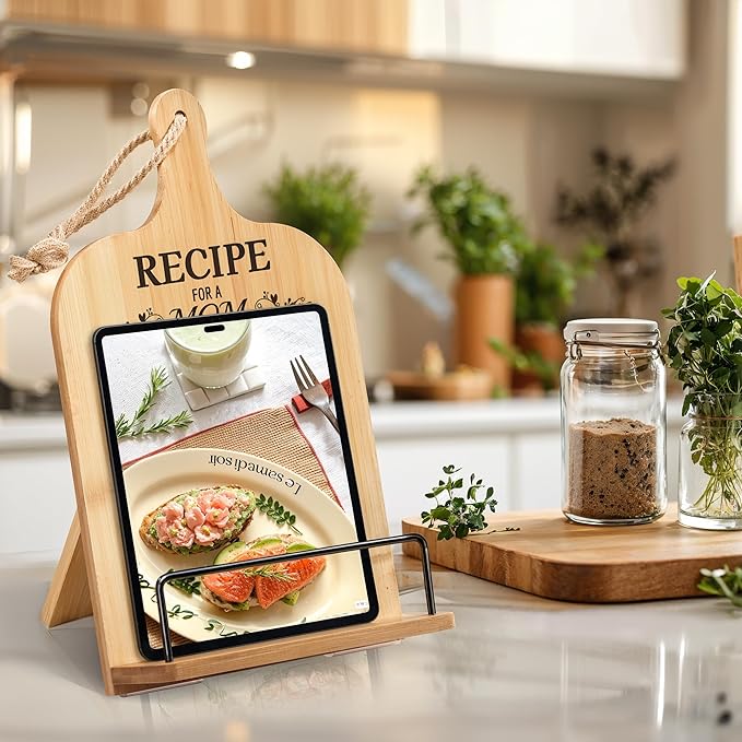 Mom Gifts Kitchen Gifts for Women Retirement Gifts Cookbook Stand Bamboo Recipe Book Holder Adjustable Non-Slip Cook Book Stand for Kitchen Counter