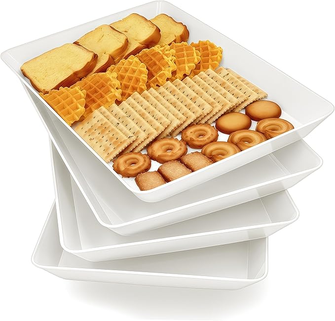 Serving Tray Platter, 4 Pcs Food Tray for Veggie Fruit Snack Dessert Cookie Cheese, Food Trays for Party Supplies Display, Plastic Platters for Serving Food, Large White Trays, BPA Free