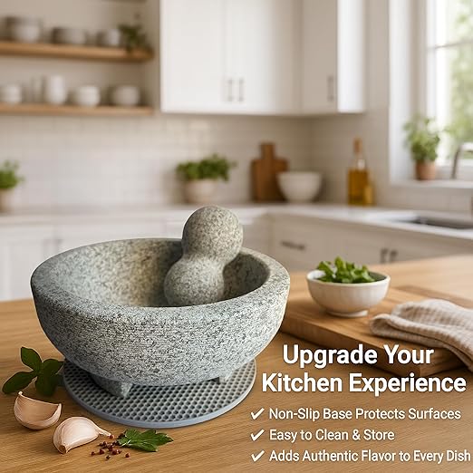 Granite Mortar and Pestle Set with Silicone Base – Large Guacamole Bowl and Masher, Herb Grinder, Spice Grinder, Garlic Smasher, Avocado Masher Tool, Stone Mill Grinder for Kitchen Spices