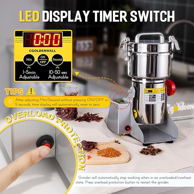 CGOLDENWALL 800g LED Display Grain Mill Grinder Electric Spice Herb Grinder Stainless Steel Pulverizer for Dry Spices Herbs Grains Coffee Seeds Rice Corn Pepper 110V
