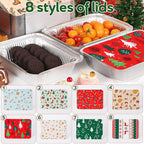 Atonofun 48 Pieces Christmas Foil Containers with Lids, 8 Holiday Designs, Holiday Food Containers, Disposable Cookie Tin Pan for Holiday Leftovers, Xmas Gift-Giving Party Supplies