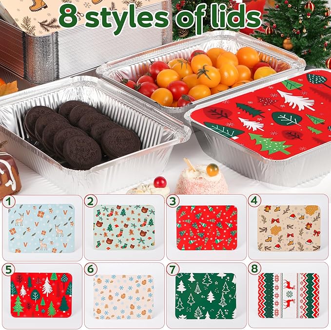 Atonofun 48 Pieces Christmas Foil Containers with Lids, 8 Holiday Designs, Holiday Food Containers, Disposable Cookie Tin Pan for Holiday Leftovers, Xmas Gift-Giving Party Supplies