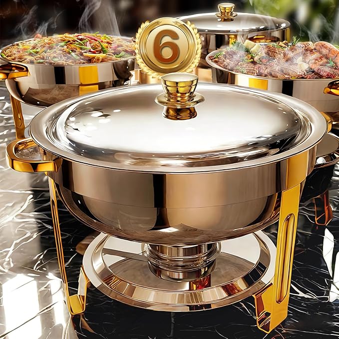 Chafing Dishes for Buffet 6 Pack, 6QT Round Chafing Dish Buffet Set Stainless Steel Buffet Food Warmers Sets for Catering Events Parties Dinners with Complete Set,Gold and Silver
