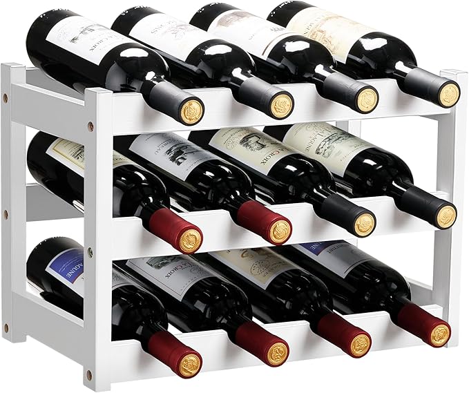 VASMIA Bamboo Wine Rack, Sturdy and Durable Wine Storage Cabinet Shelf, Wine Racks Countertop for Pantry,Kitchen,3-Tier 12 Bottles Wine Rack White