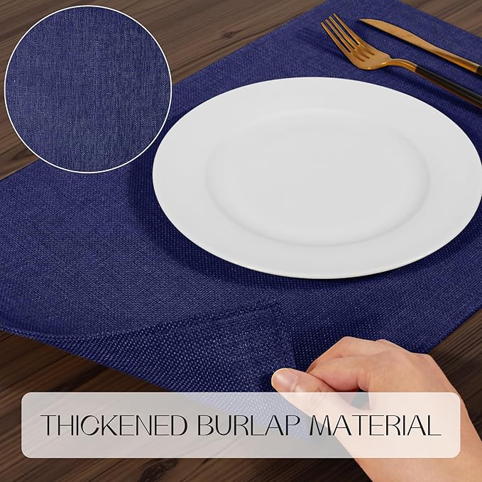 Romanstile Cloth Placemats Set of 8-12 x 18 Inch, Heat Resistant Double Layered Thickened Burlap Place Mats, Washable Faux Linen Farmhouse Table Mats for Kitchen/Dining/Party/Outdoor, Navy Blue