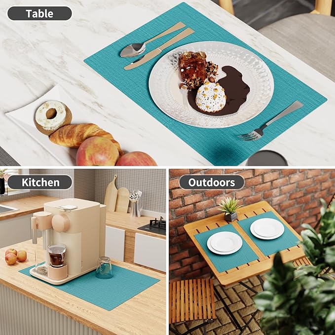 Cloth Placemats, Set of 4 Heat-Resistant Cotton Linen Blend Double Layered Machine Washable Place Mats, Wrinkle Free Thick Fabric Dining Table Mats for Indoors & Outdoors (Teal, 4)