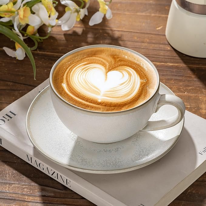 Porcelain Coffee Cup with Saucer, 10 oz Vintage Design Ceramic Latte Art Cappuccino Barista Espresso Tea Cup with Saucer(White Shell)