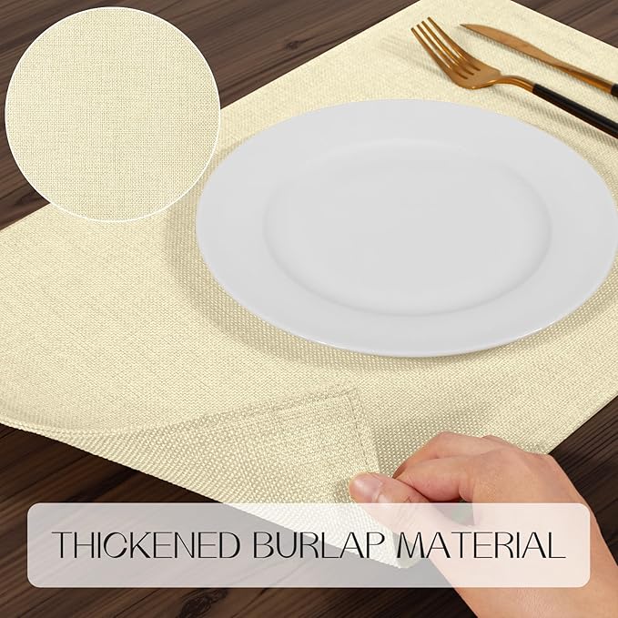Romanstile Cloth Placemats Set of 8-12 x 18 Inch, Heat Resistant Double Layered Thickened Burlap Place Mats, Washable Linen Farmhouse Table Mats for Kitchen/Dining/Party/Outdoor, Cream