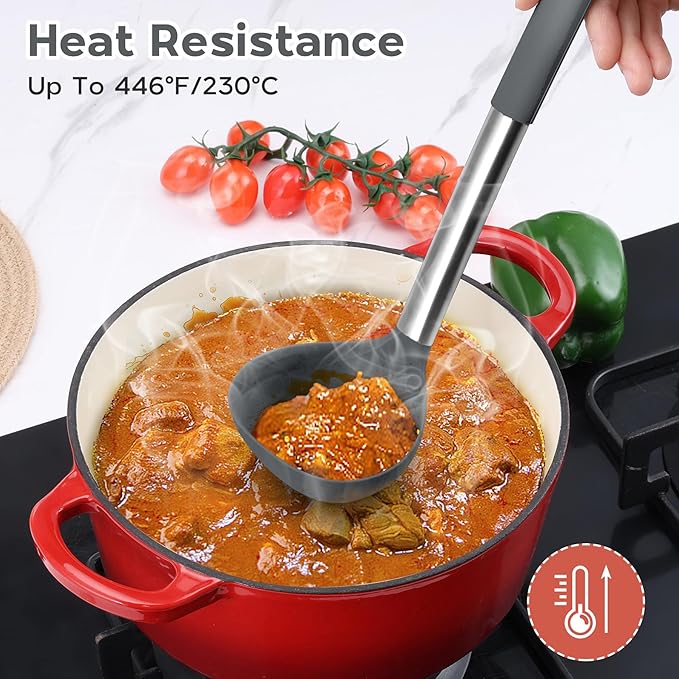 Kitchen Cooking Utensils Set of 15, Silicone and Stainless Steel Utensils Spatula Set with Holder, Heat Resistant & Dishwasher Safe - Grey