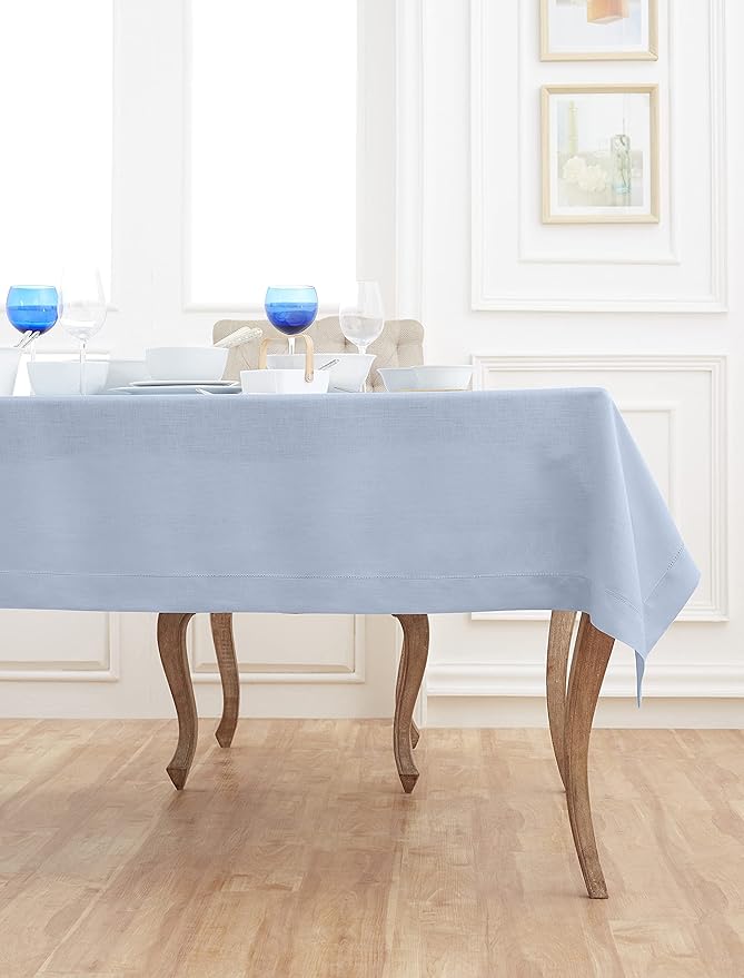 Solino Home Linen Tablecloth 60 x 90 Inch - Classic Hemstitch 100% Pure Linen Sky Blue Table Cloth for Rectangle Tables - Machine Washable Tablecloth for Summer