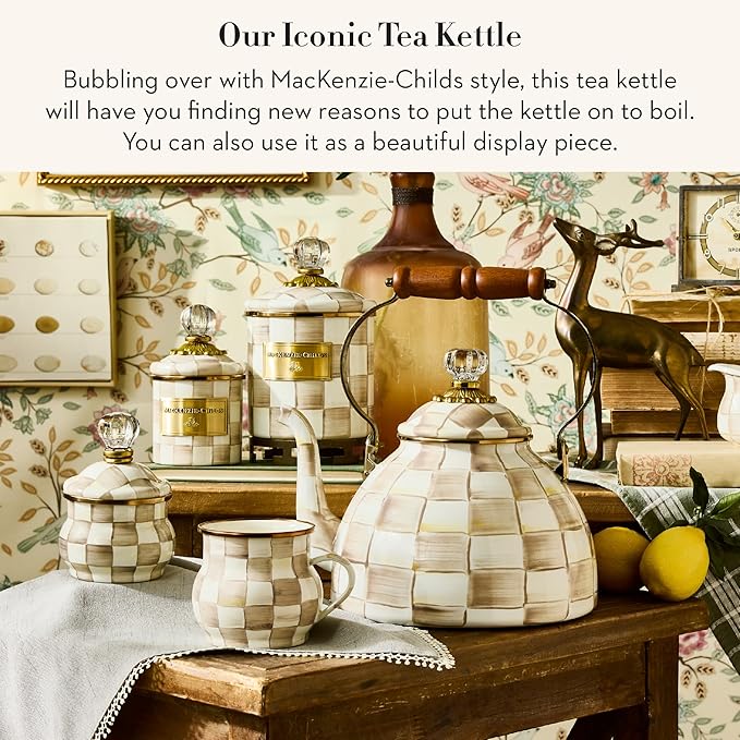 MACKENZIE-CHILDS Enamel Tea Kettle, Stylish Tea Kettle for Stovetop, Brown-and-White Mocha Check, 3 Quarts