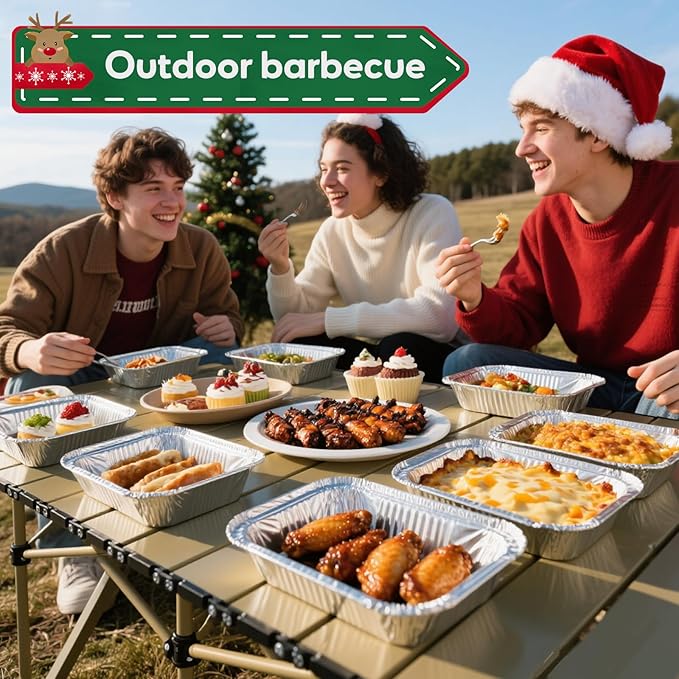 Atonofun 48 Pieces Christmas Foil Containers with Lids, 8 Holiday Designs, Holiday Food Containers, Disposable Cookie Tin Pan for Holiday Leftovers, Xmas Gift-Giving Party Supplies