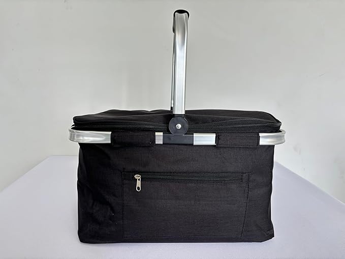 30L Large Picnic Basket, Foldable and Insulated Wild Outdoor Camping Picnic Large Capacity Picnic Basket with Handle for Picnic, Takeout, Shopping, Camping, Traveling (Black)