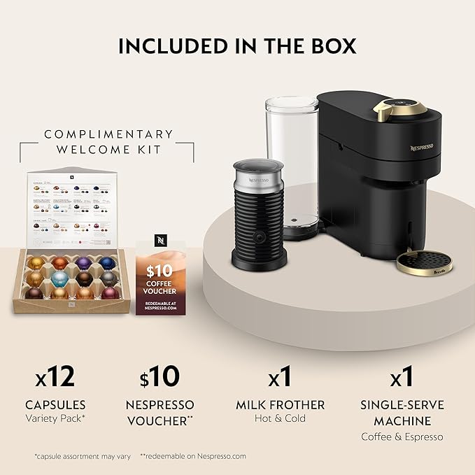 Nespresso Festive Vertuo Pop+ Deluxe Coffee and Espresso Maker by Breville with Milk Frother, Matte Black Gold