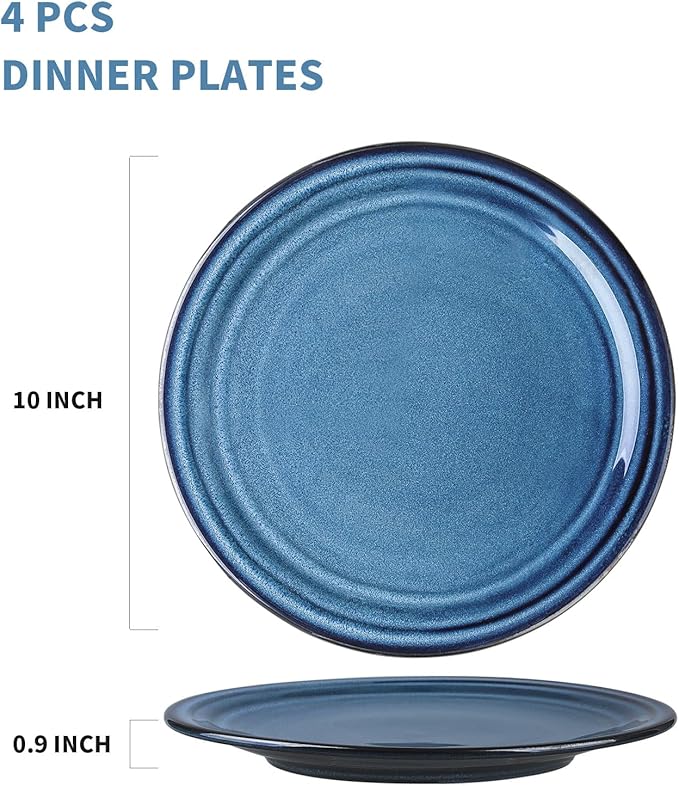 glowworm 10 Inch Ceramic Dinner Plates Set of 4, Salad Plates for Steak, Pasta, Microwave, Oven & Dishwasher Safe, Scratch Resistant, Navy Blue