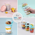 Felli On The Go Yogurt Parfait Snack Cup with Lid, Reusable Leak Proof Acrylic Travel Container for To Go Cereal Granola Milk, 12 oz Clear Mason Jar with Spoon & Crunch Fruit Holder (2, Yellow)