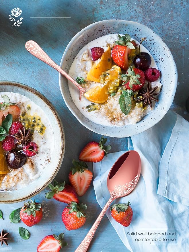 EUIRIO 24 Pieces Copper Silverware Set with Steak Knives, Rose Gold Silverware Flatware Set for 4, Stainless Steel Spoons Forks Knives Set, Mirror Cutlery with Unique Floral Laser, Dishwasher Safe