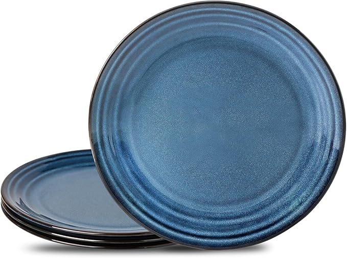 glowworm 10 Inch Ceramic Dinner Plates Set of 4, Salad Plates for Steak, Pasta, Microwave, Oven & Dishwasher Safe, Scratch Resistant, Navy Blue