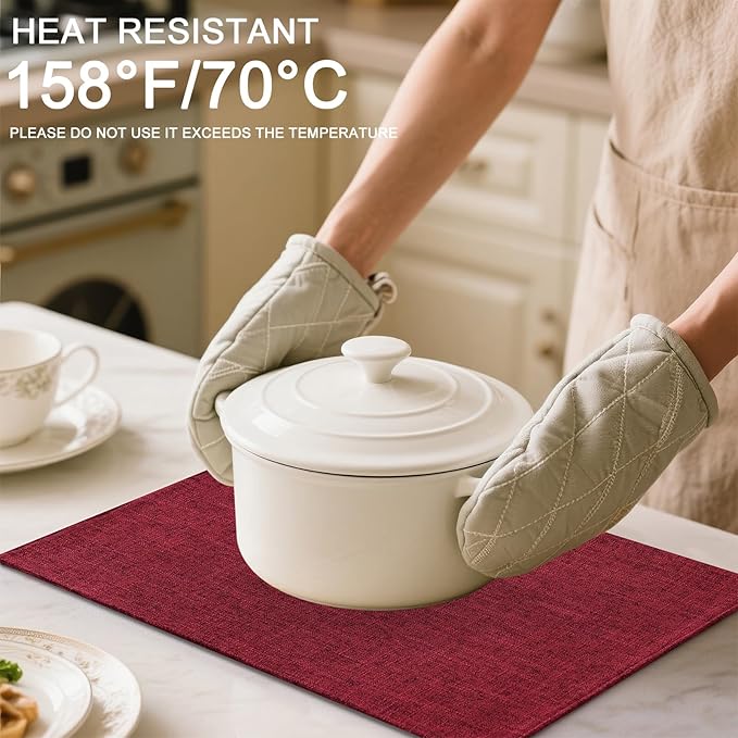 Homaxy Cloths Placemats for Dining Table Set of 8, Heat Resistant Washable Cotton Linen Blend Table Mats, Easy to Clean Place Mats for Indoor Outdoor Party Kitchen Decoration, 13" x 19", Red