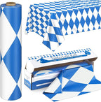 100 Ft x 54 Inch Oktoberfest Plastic Tablecloth Roll with Slide Cutter Box Disposable Bavarian Blue & White Argyle Design, Waterproof Blue Diamond Table Cover for Festivals Events Party Decor
