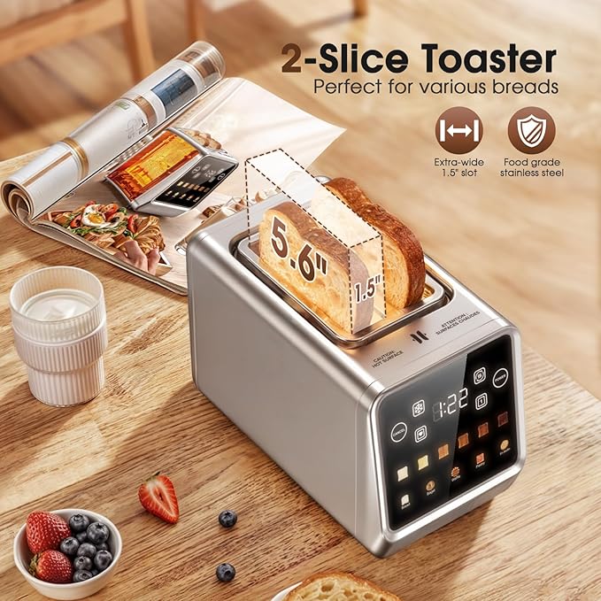 Toaster 2 Slice Wide Slot, Stainless Steel Digital Toasters Best Rated Prime, Touch Screen Toaster for 5 Bread Types/6 Shade Settings/Single Slot Toasting/Memory Function/Defrost/Reheat