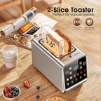 Toaster 2 Slice Wide Slot, Stainless Steel Digital Toasters Best Rated Prime, Touch Screen Toaster for 5 Bread Types/6 Shade Settings/Single Slot Toasting/Memory Function/Defrost/Reheat