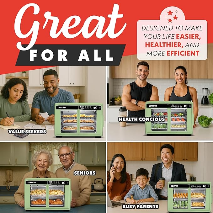 Gourmia French Door Digital Air Fryer Oven - 25-Quart XL Capacity, 12 Presets, Touchscreen, FryForce 360° Tech, Dehydrate, Proof, Slow Cook, Fits 13” Pizza, 1700W, Green