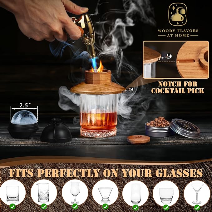 Cocktail Smoker Kit – Drink Smoker Bartender Kit with Torch, Sphere Ice Molds, Aromatic Wood Chips – Professional Bourbon Smoker Kit for Cocktails, Whiskey. No Butane (STD)