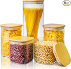 Multi Size - 5 Pack Square Glass Jars with Bamboo Lids, Glass Food Storage Containers with Airtight Lids for Kitchen, Air Tight Pantry Storage Containers for Cereal, Pasta, Rice, Sugar, Coffee, Spice