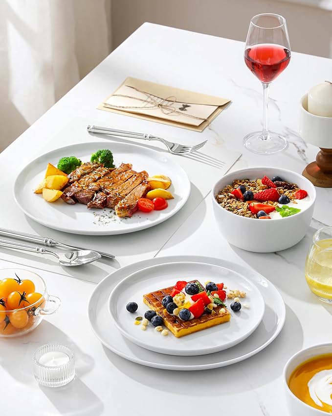 MALACASA 18 Pieces Gourmet Porcelain Dinnerware Sets, Premium Plates and Bowls Set, High-Fired Ceramic Dishes Set for 6, Chip & Scratch Resistant, Microwave Dishwasher Safe, White, Series LEXI