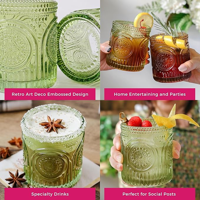 Kate Aspen Retro Arch Floral Green Drinking Glasses Set of 6-10 oz Vintage Beaded Glassware, Perfect for Water, Cocktail, Juice