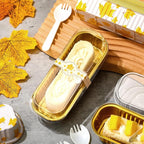 Tioncy 50 Pcs Autumn Themed Mini Pink Loaf Pans with Lids Spoons Sticker Maple Leaf 6.8oz Disposable Rectangle Aluminum Foil Baking Pans Muffin Cupcake Cups for Picnics Fall Birthday Party Supply