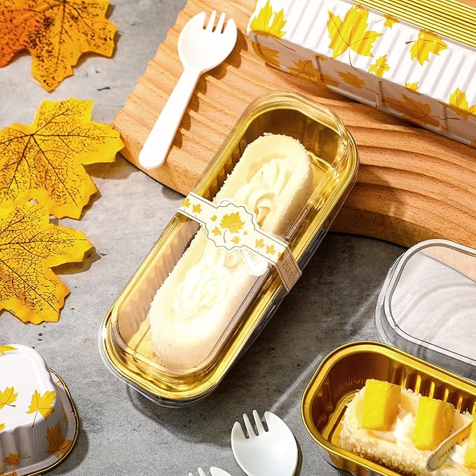 Tioncy 50 Pcs Autumn Themed Mini Pink Loaf Pans with Lids Spoons Sticker Maple Leaf 6.8oz Disposable Rectangle Aluminum Foil Baking Pans Muffin Cupcake Cups for Picnics Fall Birthday Party Supply