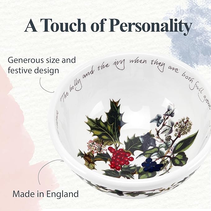 Portmeirion Holly and Ivy 8-Inch Salad Bowls (Set of 6) - Festive Earthenware for Christmas Dining, Ideal for Salads, Sides, Desserts - Microwave, Dishwasher, Freezer Safe - Seasonal Tableware
