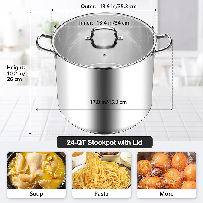 Stainless Steel Stock Pot, Homikit 24 Quart Large Stockpot Soup Pot with Lid, Tri-ply Bottom Cookware for Induction Gas Various Stovetops, Seafood Sauce Canning Cooking Pot for Large Group and Events