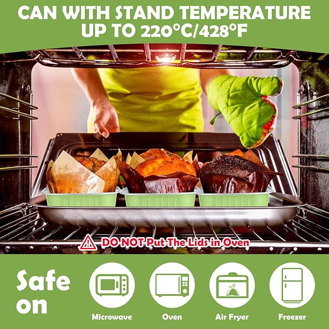 Aoriher 150 Pieces 10 oz Mini Cake Pans with Lids Aluminum Foil Baking Cups Square Disposable 4 x 4 Large Cupcake Cups Baking Tins for Kitchen Brownie Pudding Desserts Holders(Light Green)