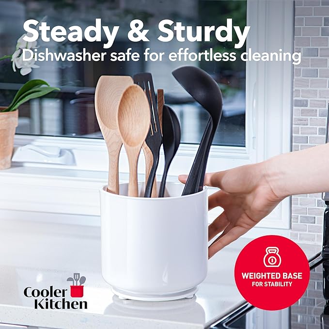 Rotating Extra Large White Plastic Utensil Holder Caddy with Sturdy No-Tip Weighted Base, Removable Divider, and Gripped Insert - Dishwasher Safe Kitchen Utensil Holder for Countertop