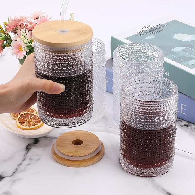 Vintage Hobnail Drinking Glasses Set of 4, 16 oz Highball Glasses Cup Set, Kitchen Water Glasses Cup, Bar Mixed Drinkware Set for Beer, Juice, Cocktail, Whiskey, Milk