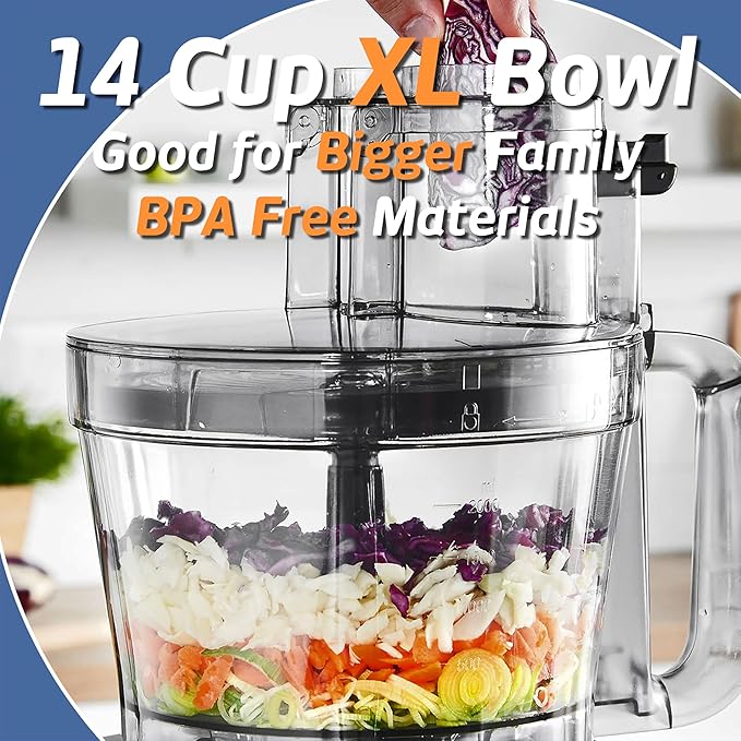 14-Cup French-Fry-Cutter Storage-Drawer Food-Processor - XL Bowl, Large Chute & Storage Drawer, Slicing & Shredding, Chopping & Mixing, For Fries, Cheese, Meat & Veggie Prep, For Home Kitchen