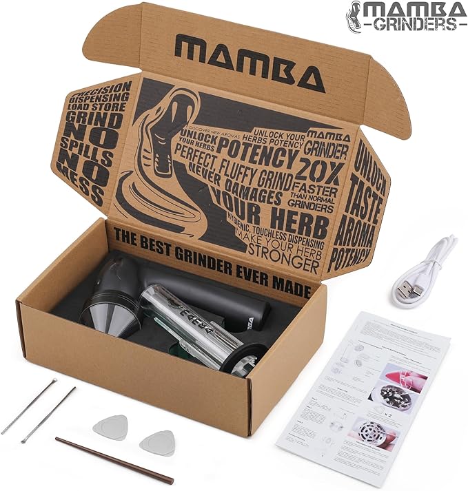 Mamba Loader XL 2g Black USB Electric Herb Grinder. Small Portable Metal Herbal Machine & Spice Mill for the Kitchen