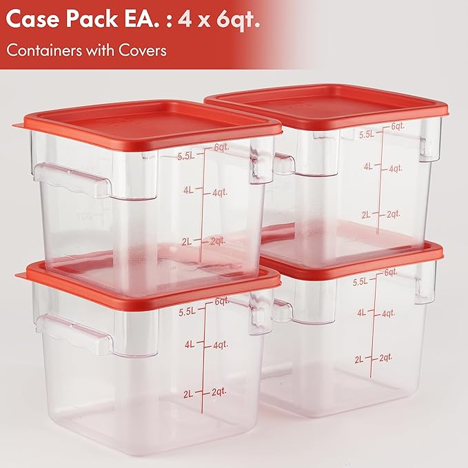CURTA 4 Pack Food Storage Container with Red Lid - NSF Commercial Grade in 6.0 Qt - Square, Clear, Polycarbonate