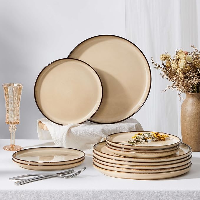 Herogo Ceramic 10.43 Inch Dinner Plates Set of 6, Stoneware Dinnerware Plate Set, Double Reactive Glaze Large Dinnerware Plates for Kitchen, Microwave, Oven & Dishwasher Safe, Cream Khaki
