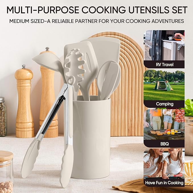 Herogo Silicone Cooking Utensils Set, 7-Piece Kitchen Utensils Set, Heat Resistant Cooking Gadget Tools Slotted Turner, Spoon, Soup Ladle, Pasta Server, Spatula, Tongs for Nonstick Cookware, Khaki
