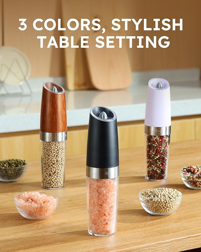 Sangcon Gravity Electric Salt and Pepper Grinder Set Battery Powered 𝐔𝐩𝐠𝐫𝐚𝐝𝐞𝐝 𝟗𝐨𝐳 𝐗𝐋 𝐂𝐚𝐩𝐚𝐜𝐢𝐭𝐲 Refillable Automatic Operation Adjustable Coarseness Mill Grinder Shakers Set