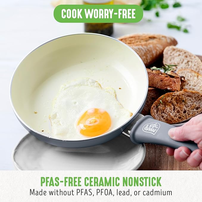 GreenLife 16 Piece Nonstick Cookware Set, Soft Grip Non-Toxic PFAS-Free Ceramic Pots & Pans, Dishwasher & Oven Safe, Frying, Sauce, Saute, Utensils, Glass Lids, Stay-Cool Handles, Wobble Free, Gray
